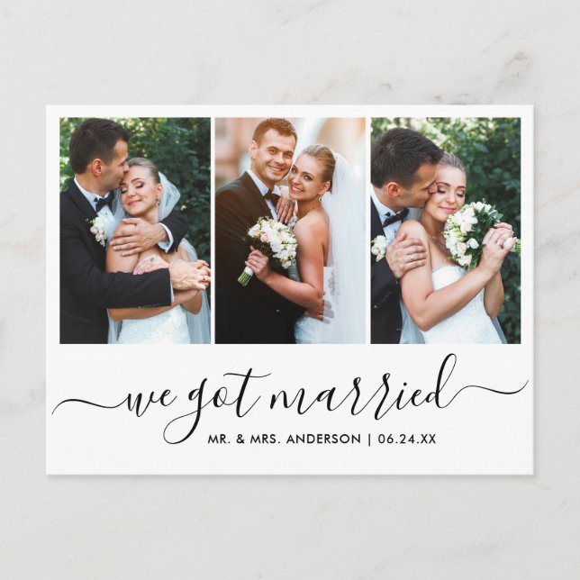 Modern Trendy Script We Got Married 3 Photo Postcard (Front)