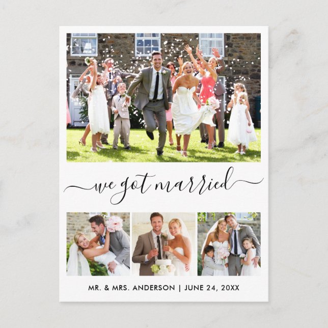 Modern Trendy Script We Got Married 4 Photo Postcard (Front)