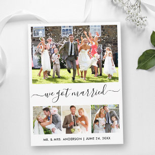 Modern Trendy Script We Got Married 4 Photo Postcard