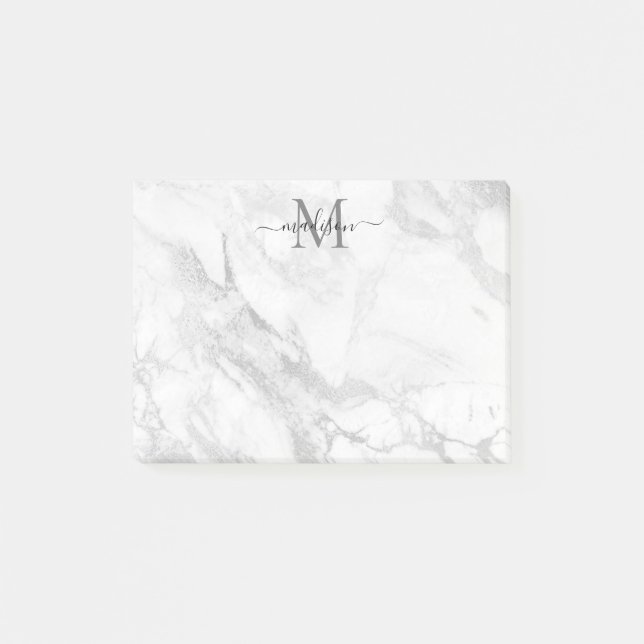 Modern Trendy Silver Grey Marble Monogram Post-it Notes (Front)