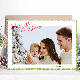 Modern Trendy simple Green Check Plaid photo  Holiday Card