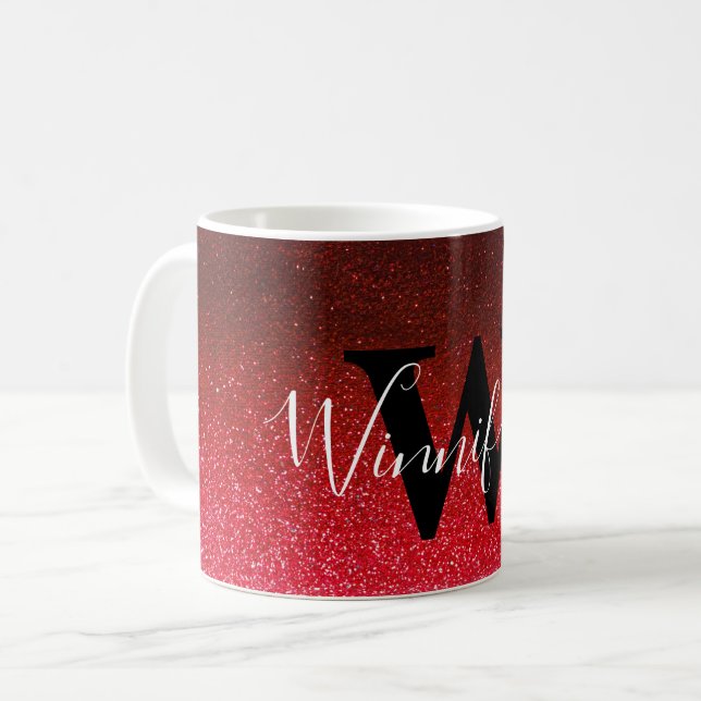 Modern Trendy Simple Monogram Black Glitter Ombre Coffee Mug (Front Left)