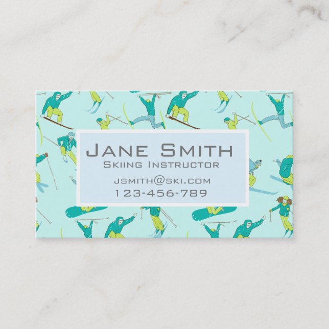 Modern trendy skiing instructor Ski teacher Business Card (Front)