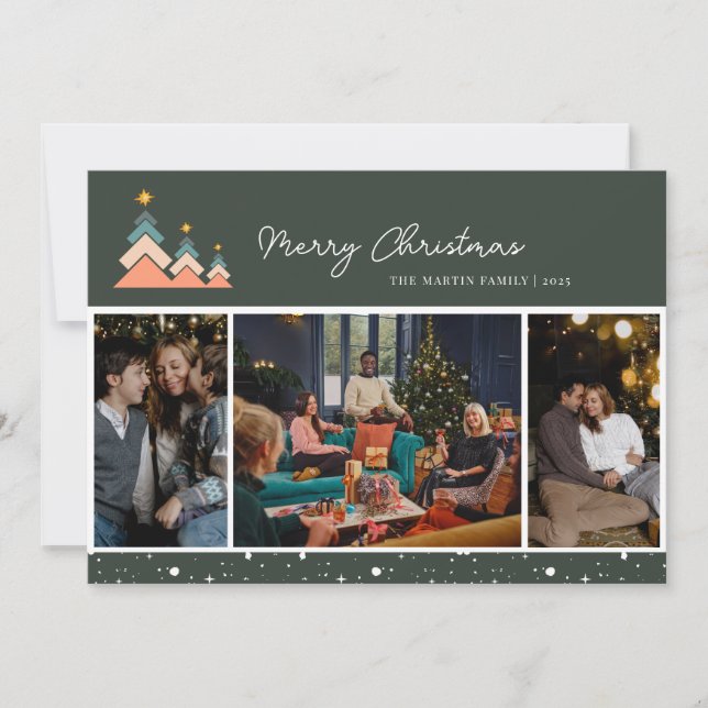 Modern Trendy Snow Christmas Tree 3 Photo Holiday Card (Front)