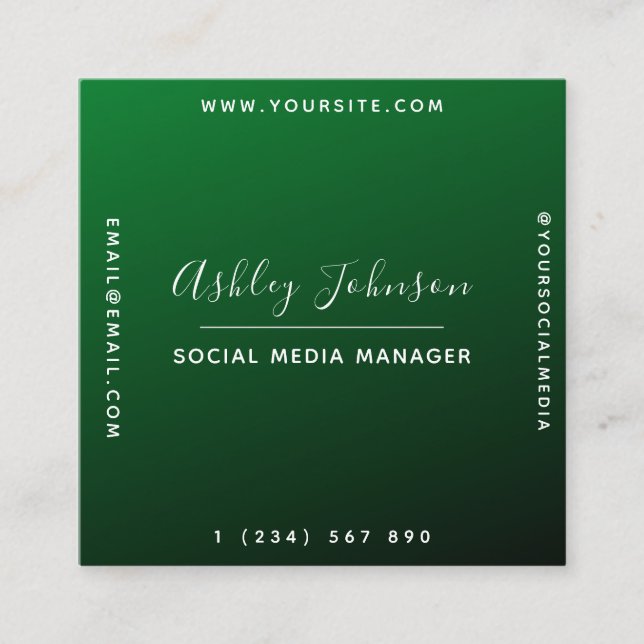 Modern Trendy Social Media Green Ombre Gradient Square Business Card (Front)