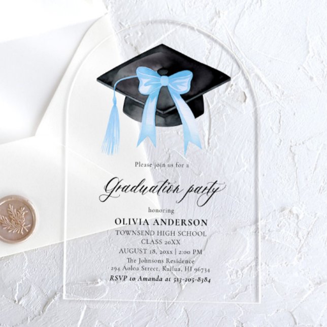 Modern Trendy Stylish Blue Bow Graduation Arched Acrylic Invitations (Creator Uploaded)