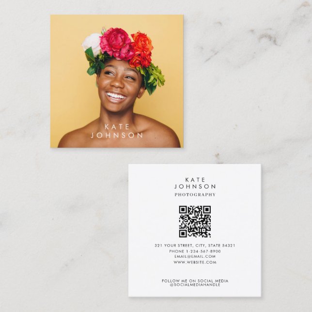 Modern Trendy Stylish Full Photo QR Code Square Business Card (Front/Back)