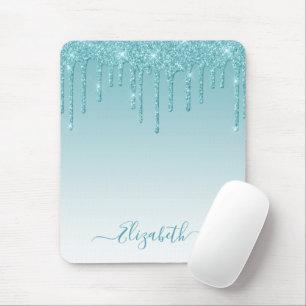 Modern Trendy Stylish Script Aqua Glitter Mouse Pad