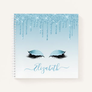 Modern Trendy Stylish Script Blue Glitter Lashes Notebook