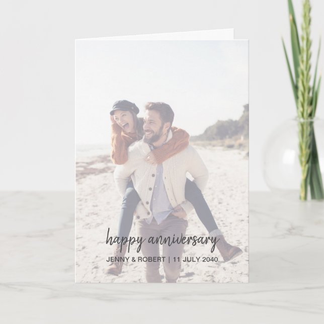 Modern Trendy Stylish Script Photo Anniversary Card (Front)