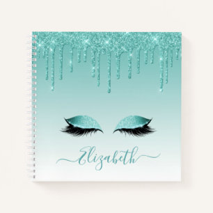 Modern Trendy Stylish Script Teal Glitter Lashes Notebook