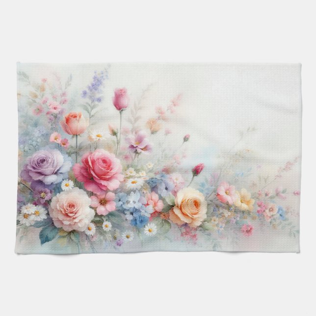 Modern Trendy Stylish Watercolor Flowers Tea Towel (Horizontal)