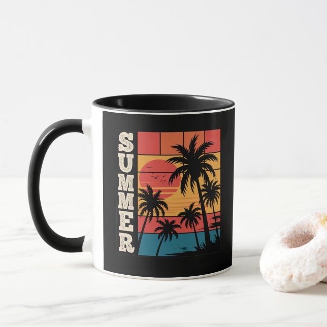 Modern Trendy Summer Sunset Beach Palm Tree        Mug (With Donut)