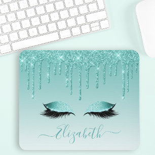 Modern Trendy Teal Glitter Lashes Stylish Script Mouse Pad