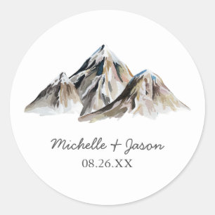 Modern Trendy Watercolor Mountains Wedding         Classic Round Sticker