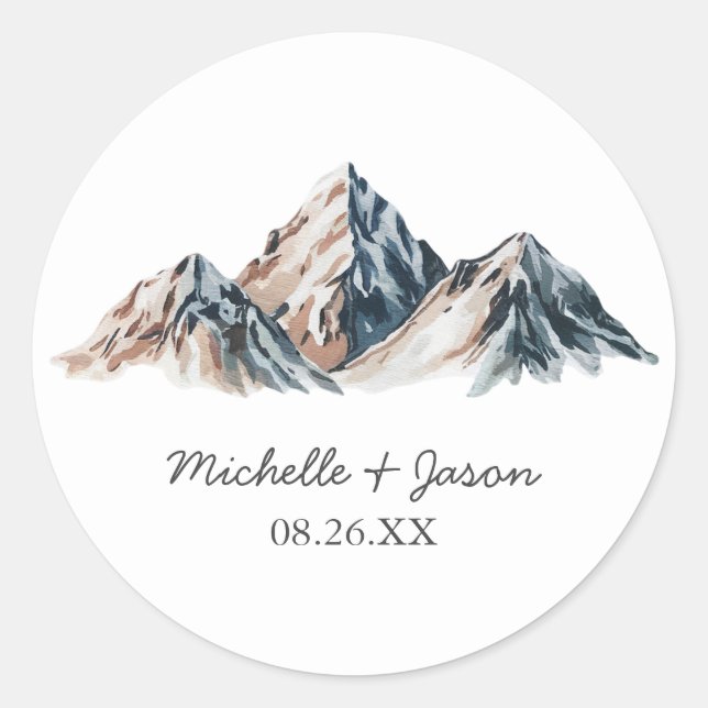 Modern Trendy Watercolor Mountains Wedding         Classic Round Sticker (Front)
