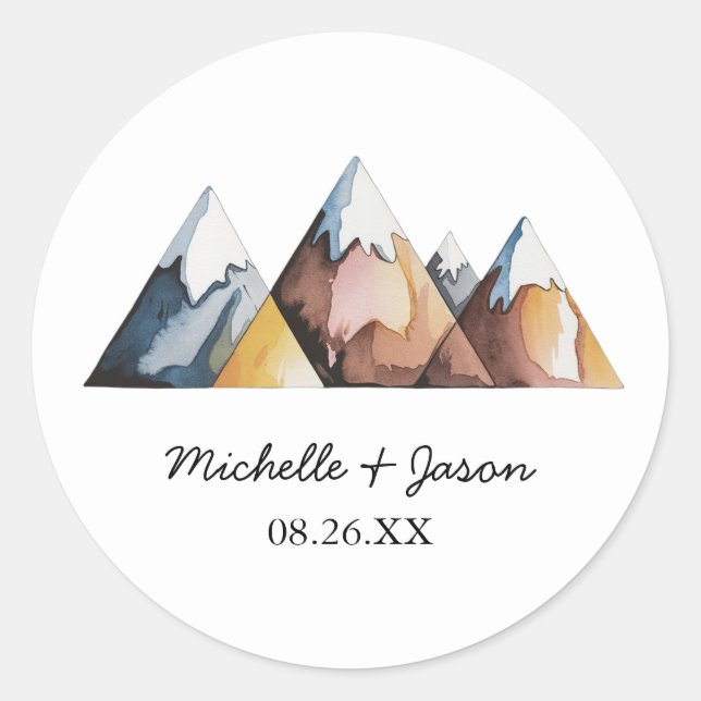 Modern Trendy Watercolor Mountains Wedding         Classic Round Sticker (Front)