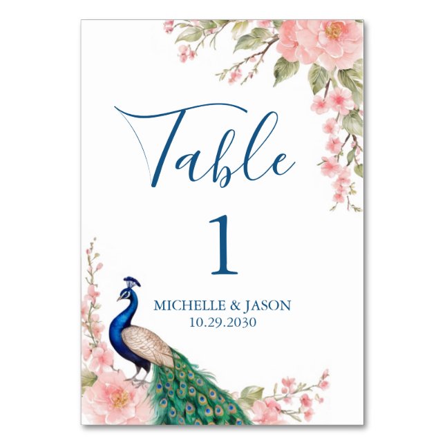 Modern Trendy Watercolor Peacock Flowers Wedding   Table Number (Front)
