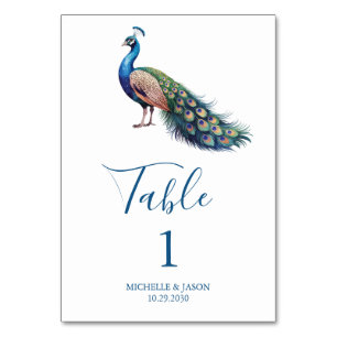 Modern Trendy Watercolor Peacock Wedding           Table Number
