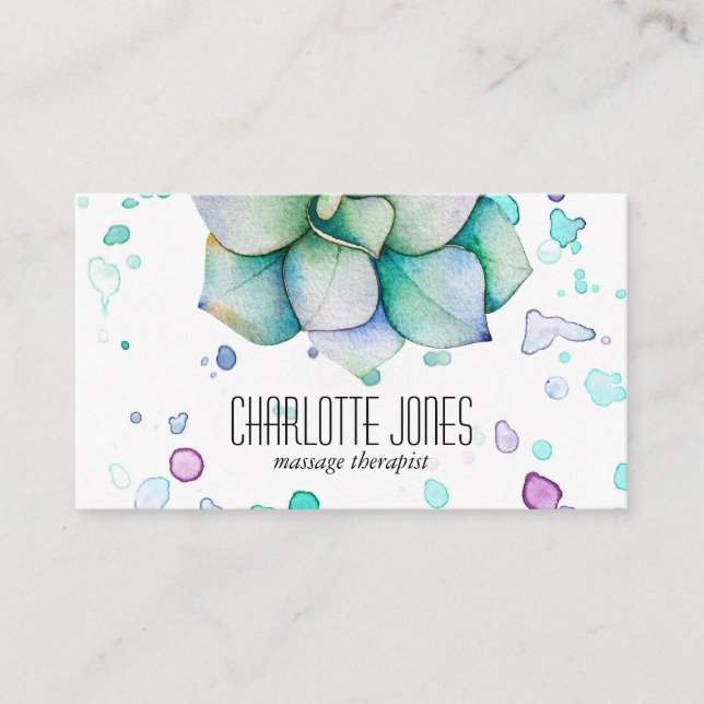 Modern Trendy Watercolor Succulent Business Card (Front)