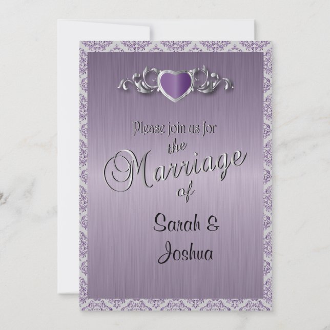 Modern Trendy Wedding in a Amethyst Purple Damask Invitation (Back)