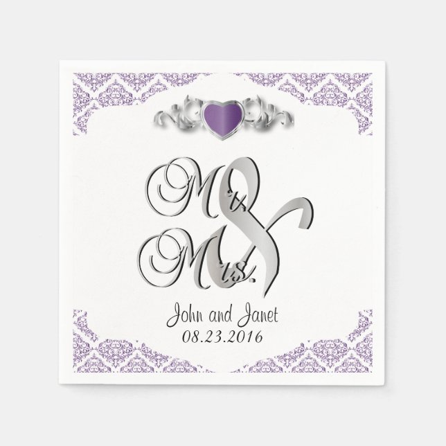 Modern Trendy Wedding in a Purple Damask Napkin (Front)