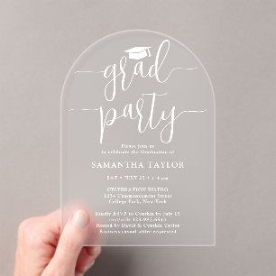 Modern Trendy White Script Grad Party Translucent  Acrylic Invitations