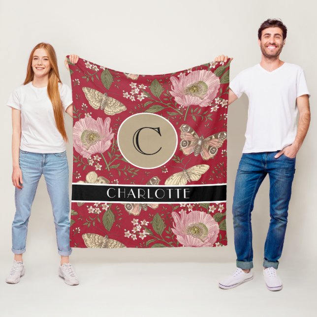 Modern Trendy Wildflower Botanical Floral Monogram Fleece Blanket (In Situ)