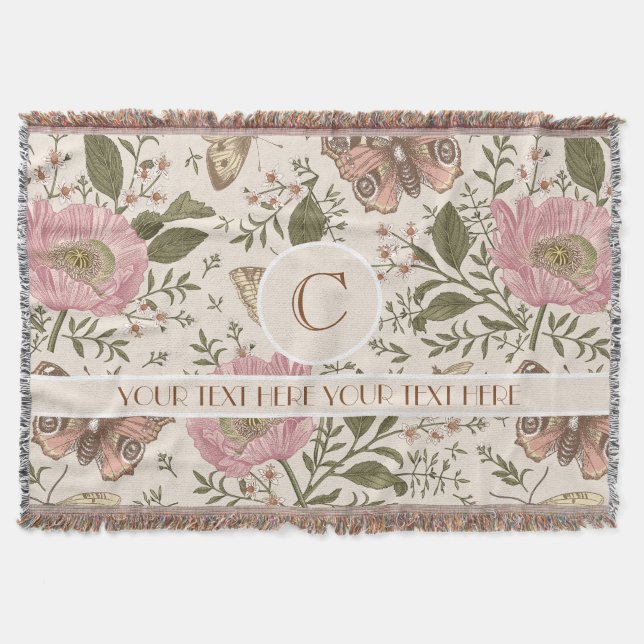 Modern Trendy Wildflower Botanical Floral Monogram Throw Blanket (Front)
