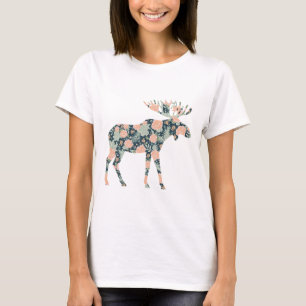 Modern Trendy Winter Forest Woodland Moose flowers T-Shirt