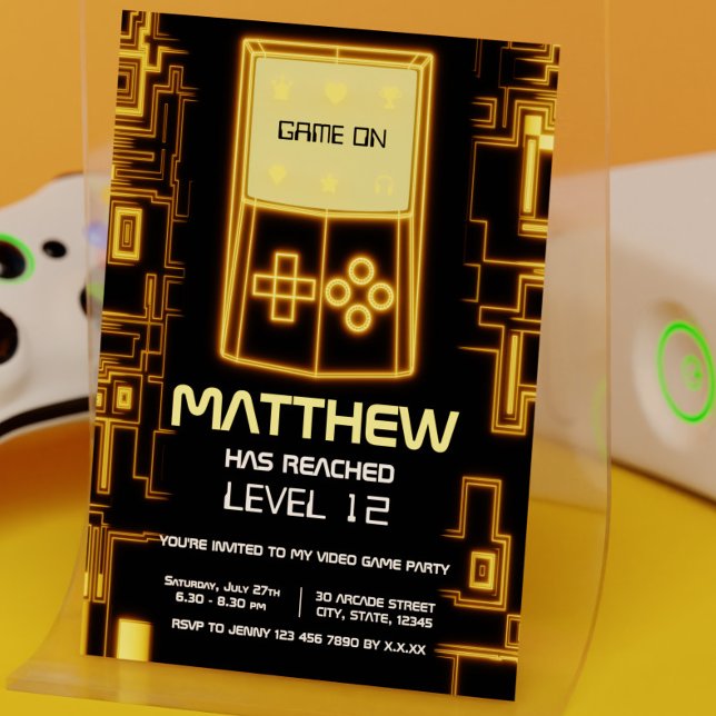 Modern Trendy Yellow Level Up Gaming Boy Party Invitation (Yellow Glow Video Game Console Birthday Party Invitation)