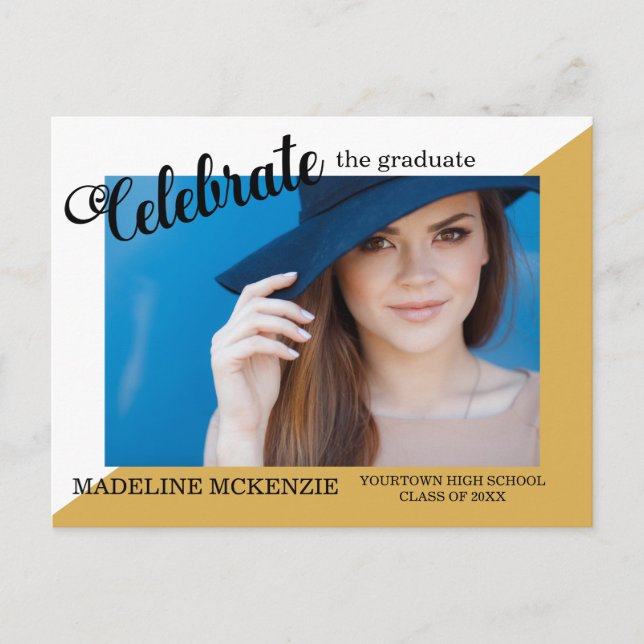 Modern Trendy Yellow White Graduation Party Photo Postcard (Front)
