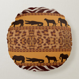 Modern Tribal African Jaguar Pattern Animal Print Round Cushion