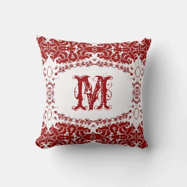 Modern Tribal Batik Monogram White Red Cushion (Front)