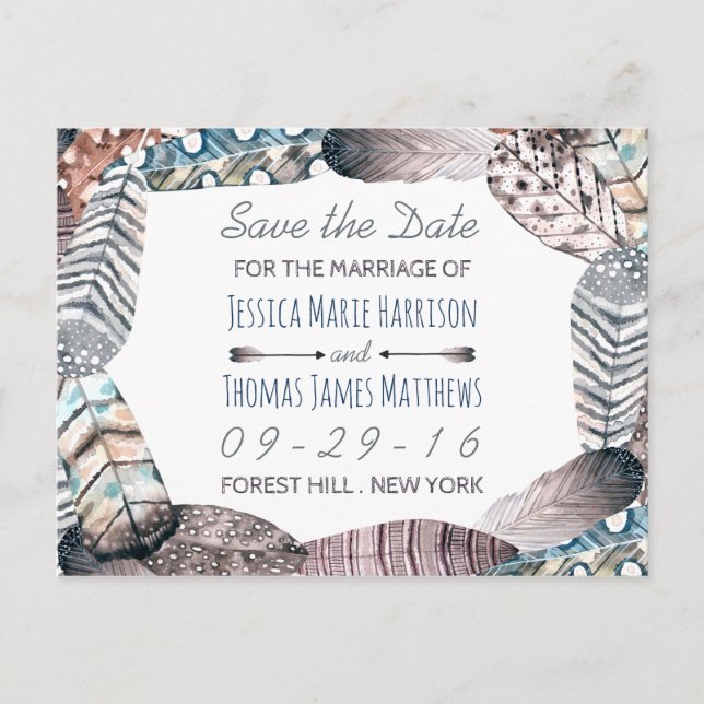 Modern Tribal Feathers Bohemian Save The Date Announcement Postcard (Front)
