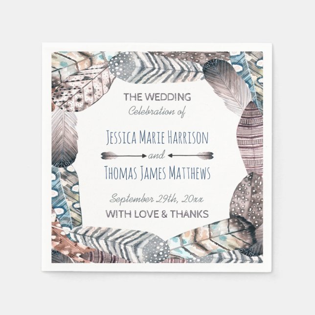 Modern Tribal Feathers Bohemian Wedding Napkin (Front)