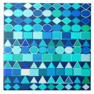Modern Tribal Geometric, Denim Blues on Navy Ceramic Tile