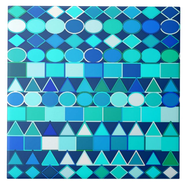 Modern Tribal Geometric, Denim Blues on Navy Ceramic Tile (Front)