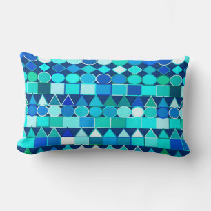 Modern Tribal Geometric, Denim Blues on Navy Lumbar Cushion