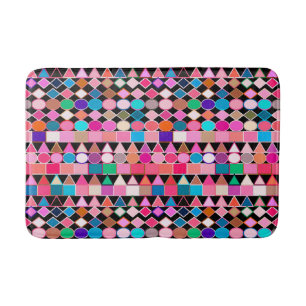 Modern Tribal Geometric, Jewel Colours on Black Bath Mat