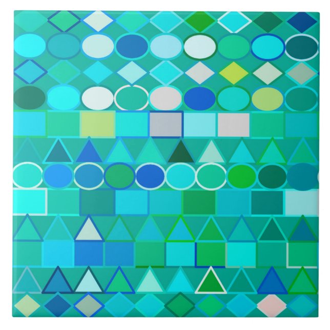 Modern Tribal Geometric, Sea Glass Aqua and Blue Ceramic Tile (Front)