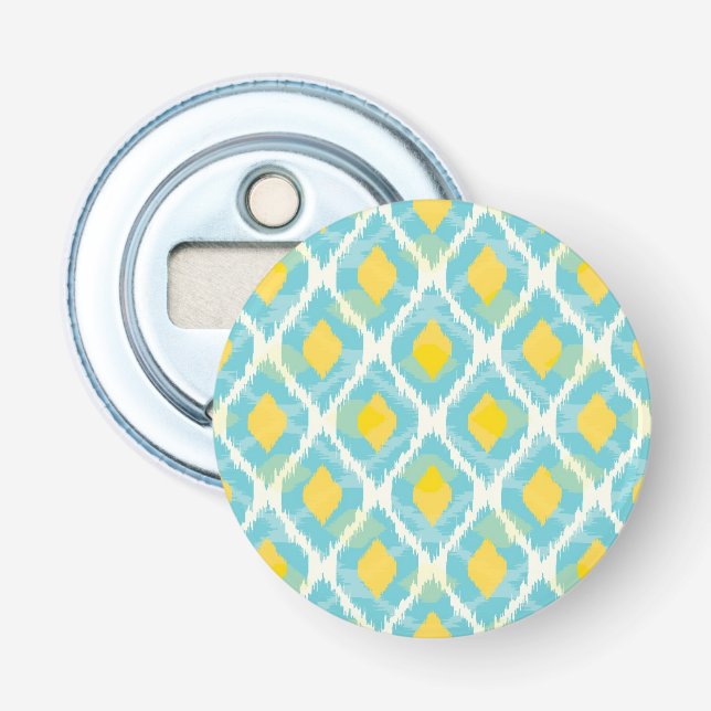 Modern tribal ikat blue yellow fashion bottle opener (Front)