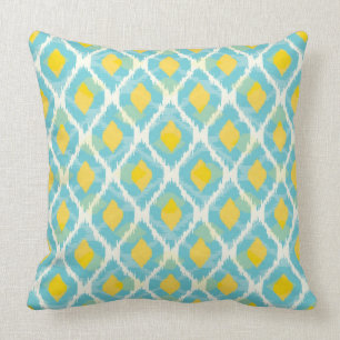 Modern tribal ikat blue yellow fashion cushion