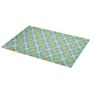 Modern tribal ikat blue yellow fashion cutting board