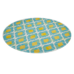 Modern tribal ikat blue yellow fashion cutting board