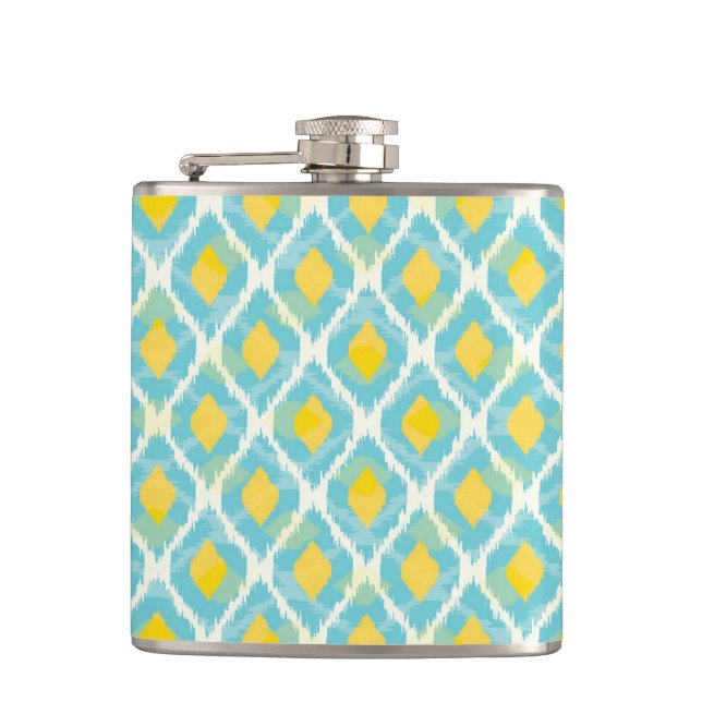 Modern tribal ikat blue yellow fashion hip flask (Front)