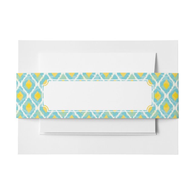 Modern tribal ikat blue yellow fashion invitation belly band (Front Example)