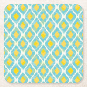 Modern tribal ikat blue yellow fashion square paper coaster