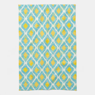 Modern tribal ikat blue yellow fashion tea towel