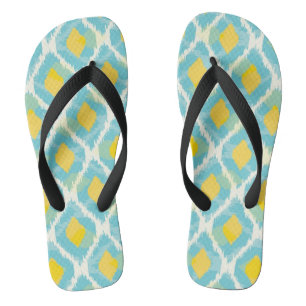 Modern tribal ikat blue yellow fashion thongs